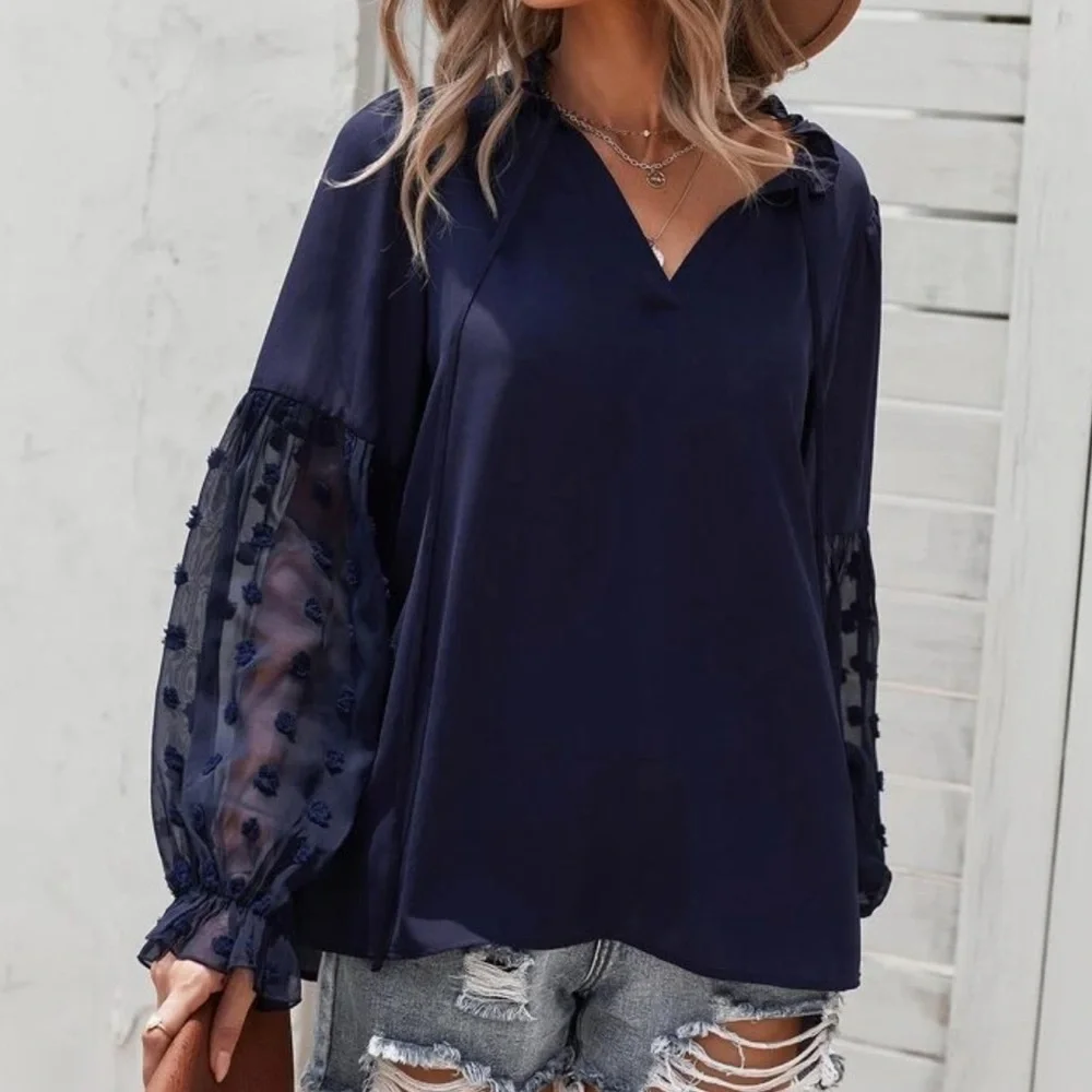 Boho Swiss dot frill trim tie neck blouse navy blue